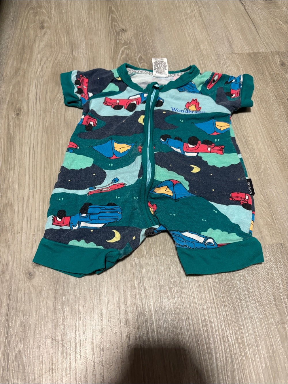 Bonds Teal & Navy Camping Cars Romper with Red Accents
